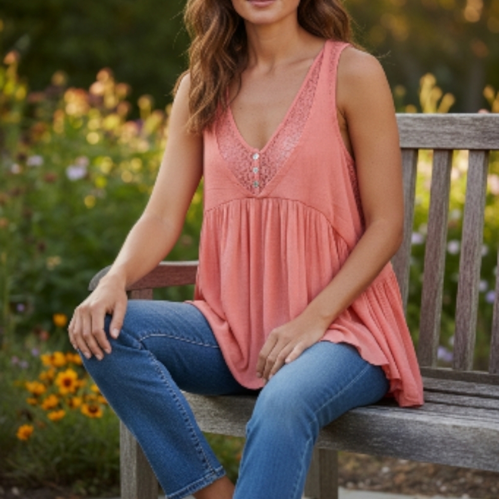 Umgee Coral Lace Accent Tank Top